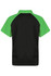 A black polo shirt with green sleeves and a logo on the back.