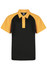 A black and yellow polo shirt featuring a collared neck and button placket, with contrasting sleeves.