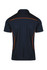 A navy polo shirt featuring orange piping and a branded logo on the back.