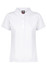A white polo shirt with a collared neckline and short sleeves, featuring a logo on the label.