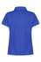 A blue polo shirt with a standard collar and short sleeves, featuring a logo on the back.