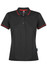 A black polo shirt with red trim, featuring a collar and button closure, along with a logo on the design.