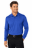 A blue long-sleeve polo shirt modelled by a man, featuring a collar and a logo.
