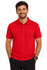 A red polo shirt for men, featuring a collar and a logo on the chest, designed for casual wear.