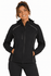 A soft shell jacket in black, featuring a zippered front and a hood, displayed on a model.