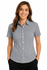 A short sleeve button-up shirt in a black and white gingham pattern, featuring a fitted design and a logo.