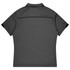 A grey sports polo shirt with black accents, featuring a collar and a logo on the back.