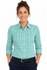 A long sleeve button-up shirt in a green and white check pattern, featuring a collar and a logo.
