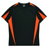 A black T-shirt with orange accent panels on the shoulders and sides. It features a label inside the collar.