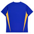 A blue T-shirt with yellow accents on the sides, featuring a brand logo.