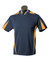 A navy blue T-shirt with orange accents, displayed on a mannequin. It features a logo on the chest.