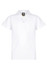 A white polo shirt for kids featuring a three-button placket and a collar. Includes a logo on the label.