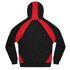 A black hoodie featuring red side panels and a hood, with a logo on the back.