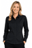 A black long sleeve button-up shirt for women, featuring a classic collar and a logo on the upper left.