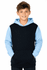 A hoodie featuring a blue front and black sleeves, worn by a smiling boy with hands in pockets.