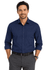 A long sleeve, button-up shirt in a navy colour, featuring a single chest pocket and a classic collar.