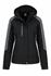 A black and grey jacket with a hood, featuring zip pockets and a logo. Suitable for various weather conditions.