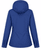 A blue women's jacket with a hood, featuring a fitted design and side openings, includes a logo on the back.