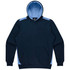 A navy blue hoodie featuring light blue accents and a front pocket, with a hood and a logo present.
