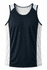 A navy and white singlet with a sporty design and a branded logo.