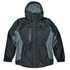 A dark grey and light grey men's jacket featuring a hood and zippered pockets, with a logo on the chest.