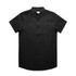 A black button-up shirt with short sleeves and a front pocket, featuring a collar and a logo.