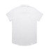 A white short-sleeve button-up shirt with a back yoke and a single central back seam. It features a collar and has a logo.
