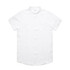 A white short sleeve button-up shirt featuring a pocket and a logo.