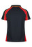 A polo shirt featuring a black and red design with yellow accents and a logo. Back view displayed.