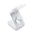 A white 3-in-1 wireless charger with an adjustable stand and a round charging pad. It includes a logo on its surface.