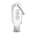 A clear 55ml hand sanitiser bottle with a carabiner attachment and a silver cap. It features a logo.