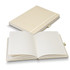 A cream-coloured hardcover notebook with lined pages, featuring a logo on the cover.