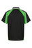 A black and green polo shirt featuring a contrasting design and a logo on the back.