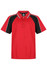 A red polo shirt with black raglan sleeves and a logo, featuring a three-button placket and contrasting trim.