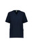 A navy women's scrub top with a V-neck, featuring short sleeves and two front pockets. It includes a branding logo.