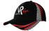 A black cap with red accents and a checkered pattern, featuring an embroidered logo and branding.
