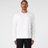 A long-sleeve white t-shirt worn by a model against a plain background. The shirt features a logo.
