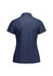 A women's short sleeve polo in navy blue with a classic collar and a logo on the back.