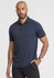 A short sleeve polo shirt in navy blue, featuring a collar and a logo on the chest, worn by a male model.