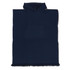 A navy hooded towel featuring a front pocket and fringed edges, with a logo on the fabric.