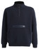 A unisex navy fleece half-zip work sweat with a front pocket and a logo on the sleeve.