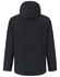 A waterproof jacket in black with long sleeves and a hood, featuring a logo on the back.