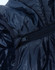 A navy lightweight hooded puffer jacket, showcasing glossy fabric and a zip detail, with a small logo present.