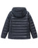 A kids' lightweight hooded puffer jacket in dark grey, featuring a quilted design and a hood. It has a logo on the back.