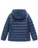 A navy blue lightweight hooded puffer jacket with a quilted design and a hood, featuring a logo on the back.