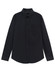 A black long-sleeve shirt with a button-down collar and a single chest pocket. The shirt features branding.