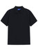 A navy blue men's classic cotton/poly pique short-sleeve polo with a collar and a logo.