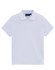 A white ladies' classic cotton/poly pique short sleeve polo with a collar and buttons, featuring a logo.
