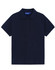 A navy blue short-sleeved polo shirt made from cotton and polyester, featuring a button-up collar and a logo.