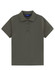 A short-sleeved polo shirt in an olive green shade, featuring a classic collar and a buttoned placket. It has a logo.